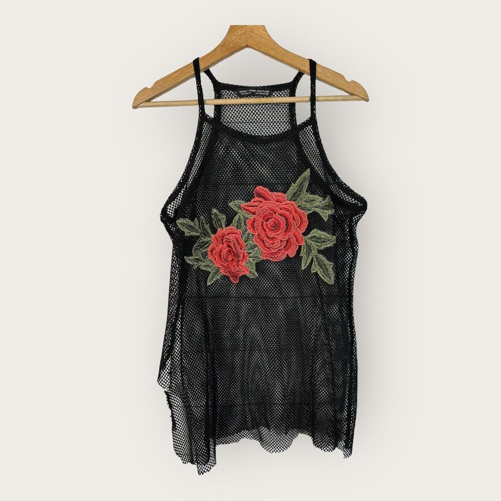 Rock n Rose Couture Womens Medium Rose Mesh Tank Ripped Fishnet Black Sheer